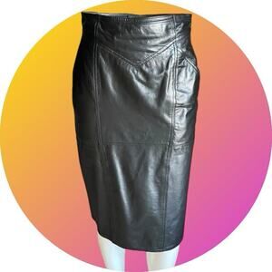 Vintage 80s Women’s Sexy La Vogue Black Leather Pencil Knee Skirt Size S M 4 6